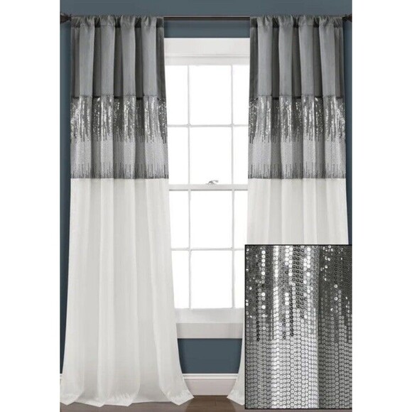 2x Lush Decor Night Sky Window Curtain Panel Single Gray/White 42”X84” Sequin - Picture 1 of 7